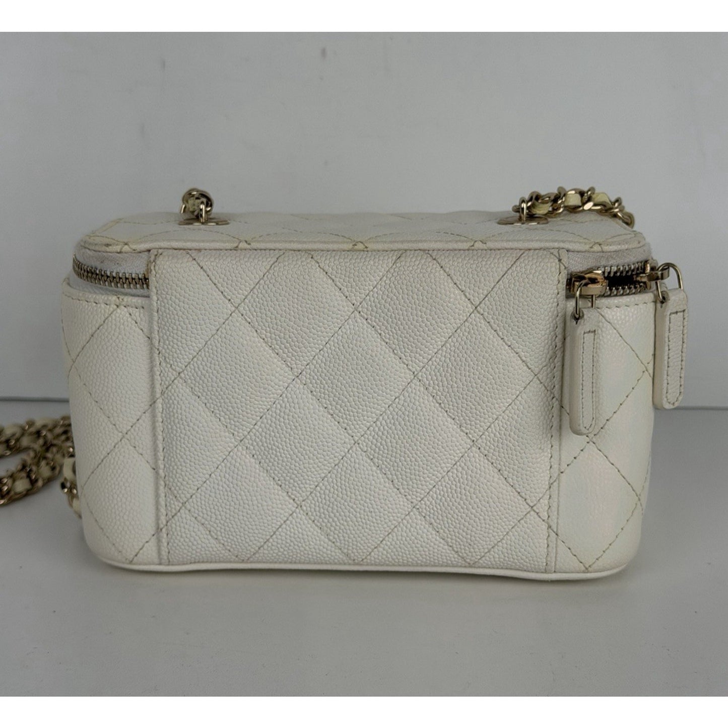 Chanel Vanity Case with Chain Small White Quilted Leather & Diamond Pattern D4