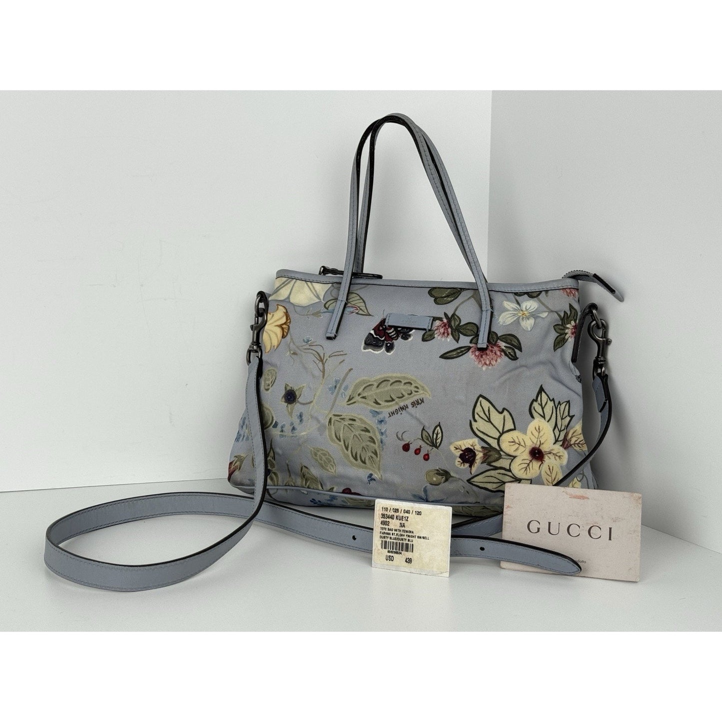Gucci Flora Knight Zippered Tote Bag Dusty Blue Canvas with Leather Trim