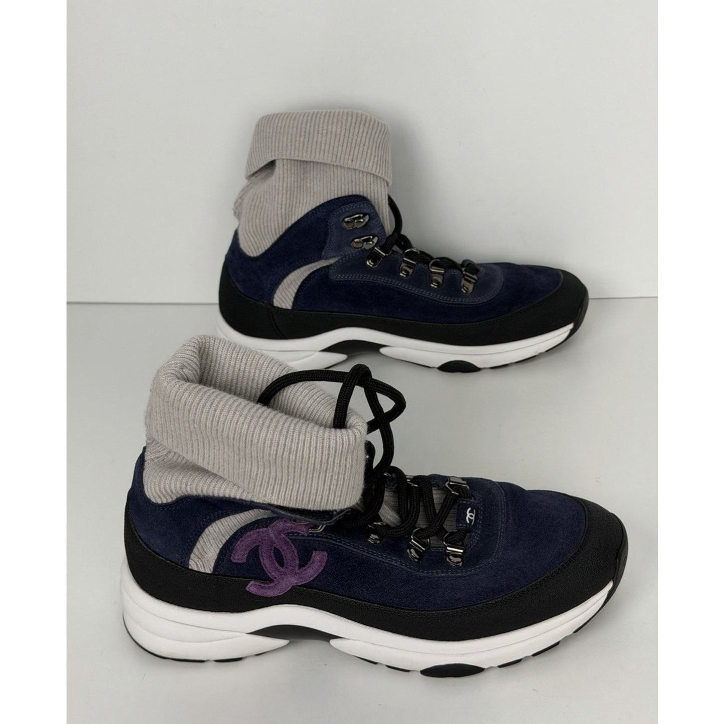 Chanel Suede Calfskin Knit Sock CC Sneakers in Blue and Grey 38EU (7.5-8US)