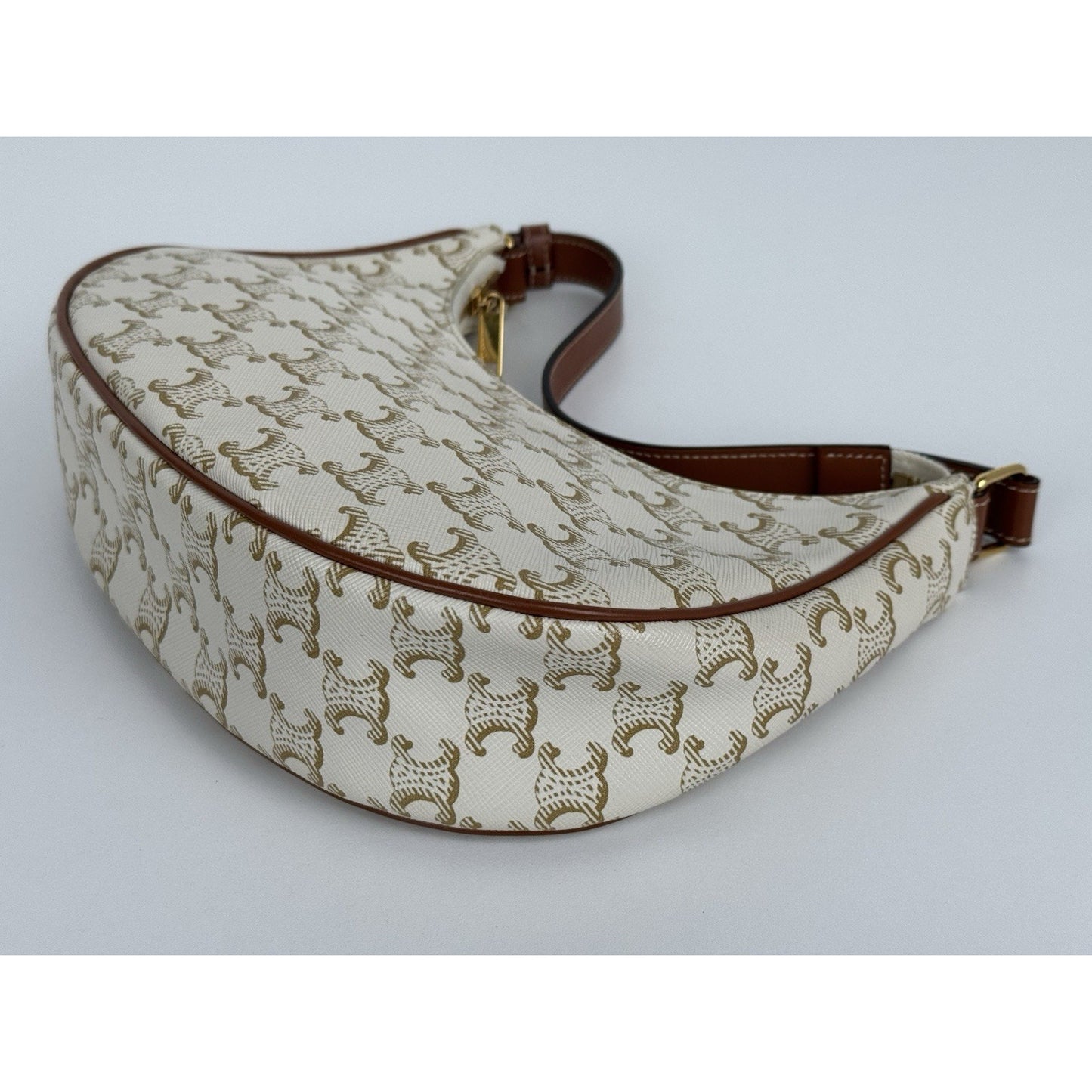 CELINE Canvas Calfskin Ava Triomphe Shoulder Bag White C-1