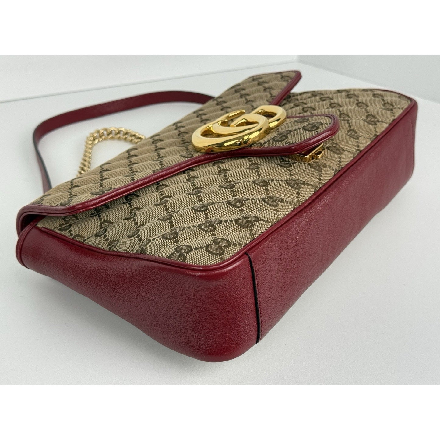 Gucci GG Marmont Monogram Matelassé Diagonal Shoulder Bag Beige and Red