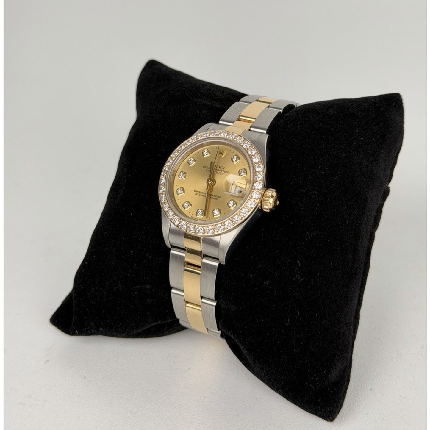 Rolex 69173 Ladies Datejust 18k Gold 26mm Diamond Dial with Custom Diamond Bezel