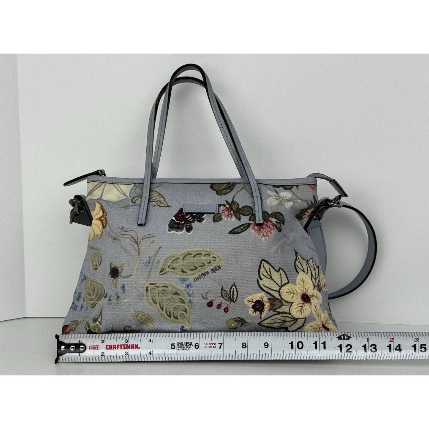 Gucci Flora Knight Zippered Tote Bag Dusty Blue Canvas with Leather Trim
