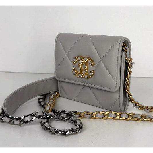 Chanel 19 Gray Quilted Lambskin Flap Coin Purse with Chain 2021 D2