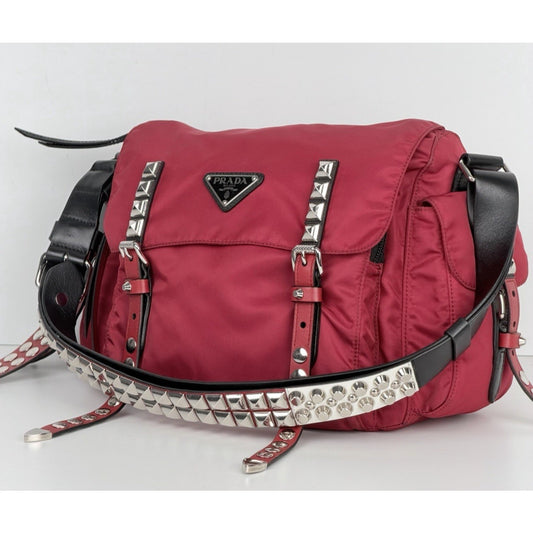 Prada New Vela Studded Messenger Medium in Cherry Red Nylon and Leather Trim S