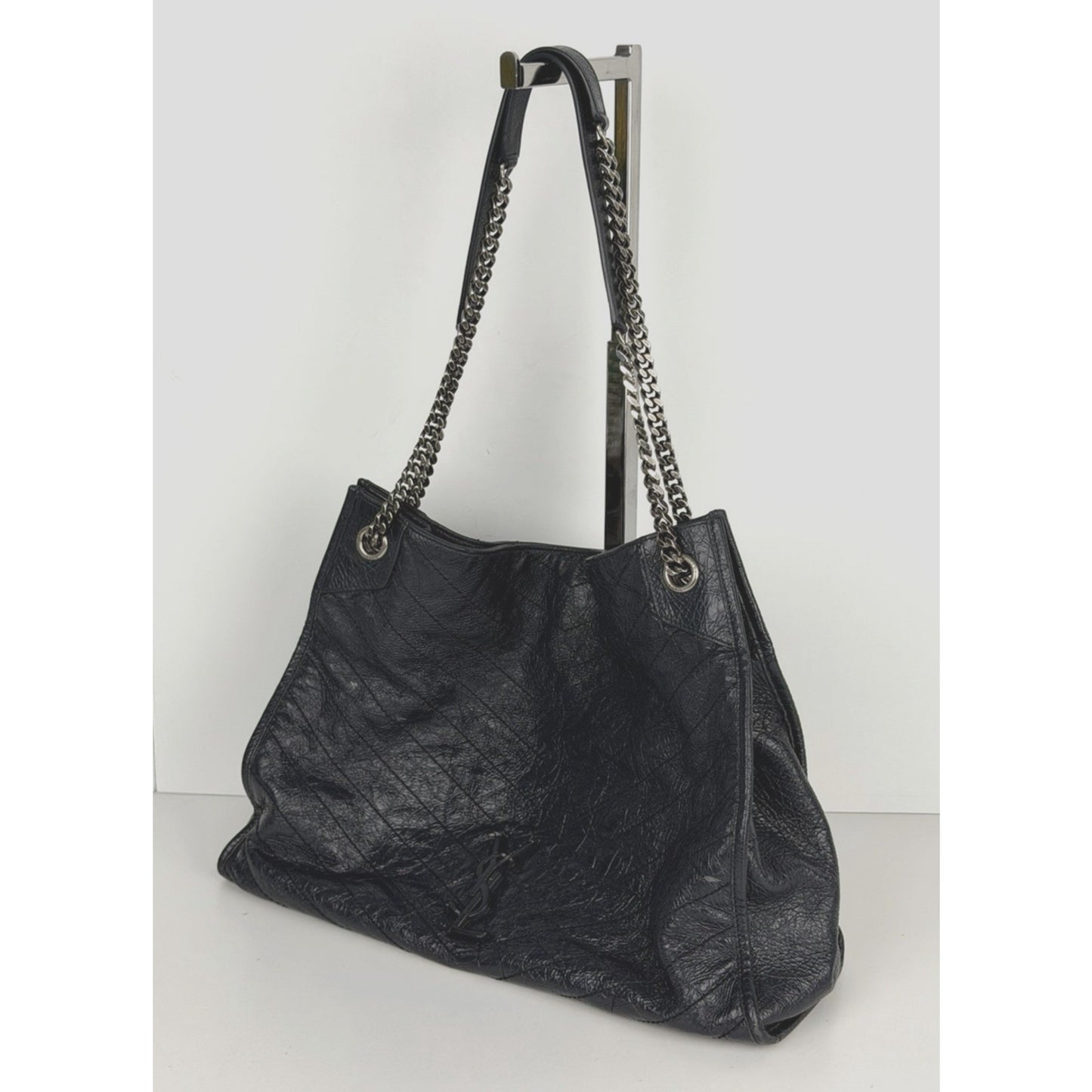 Saint Laurent Niki Shopper Tote Bag Large in Dark Navy Crinkled Leather S-13