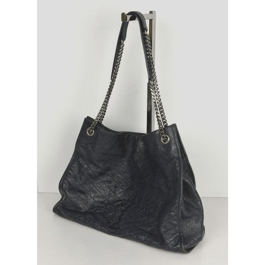 Saint Laurent Niki Shopper Tote Bag Large in Dark Navy Crinkled Leather S-13