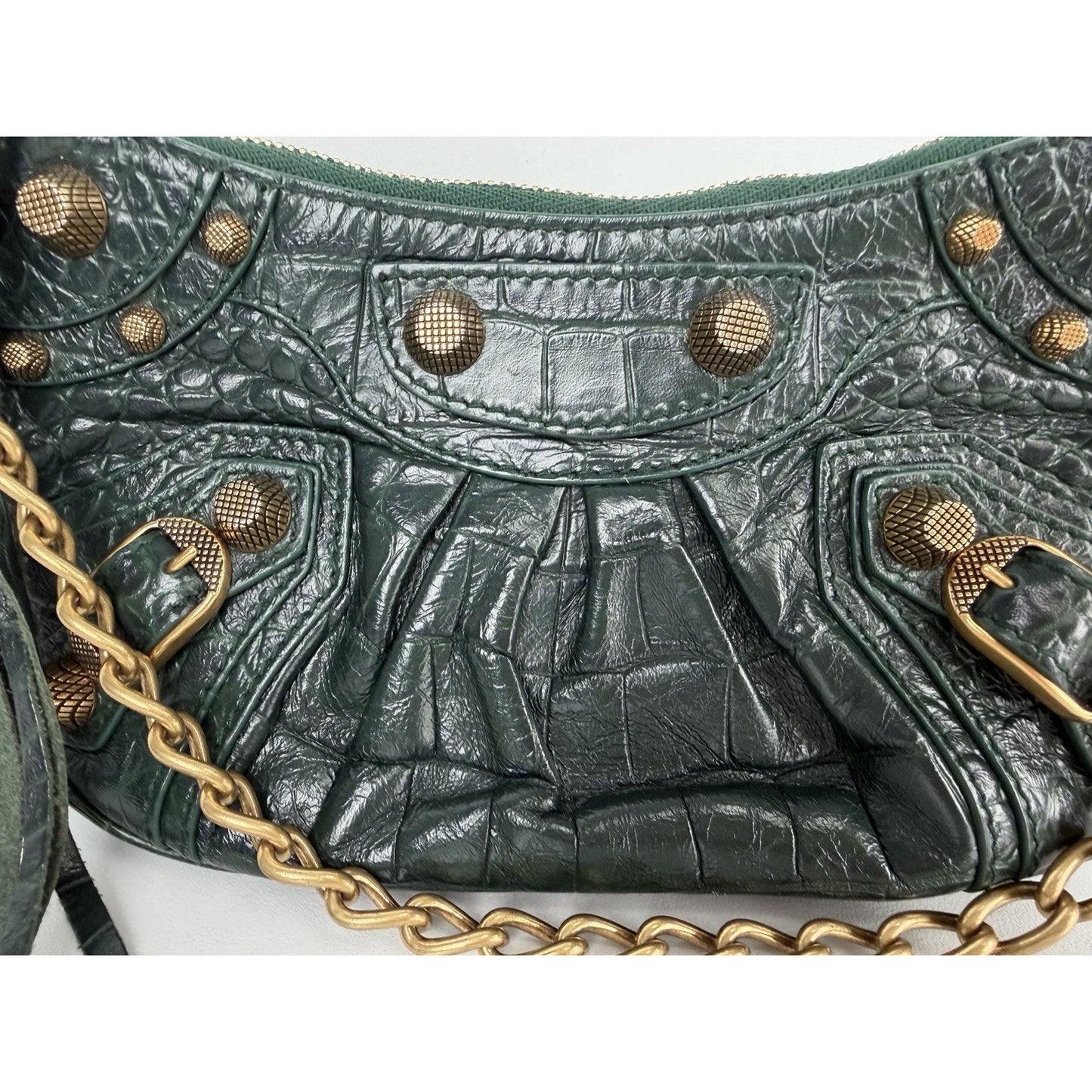 Balenciaga Le Cagole Mini Shoulder Bag in Dark Green Croc-Embossed Leather S-01