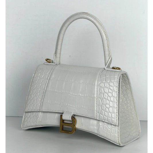 Balenciaga Small Hourglass Bag in White Crocodile-Embossed Leather S18