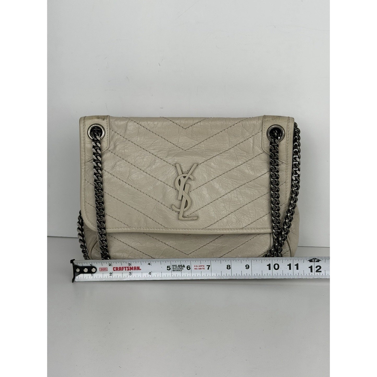 Saint Laurent Niki Medium Chain Satchel Crinkled Calfskin Matelassé Crema C-4