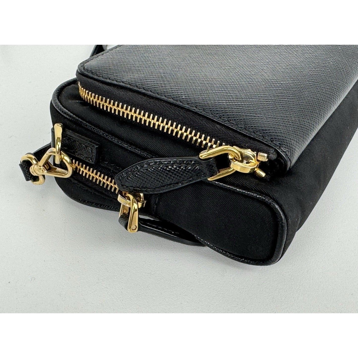 Prada Saffiano Leather Mini Double Zip Crossbody Black B-6