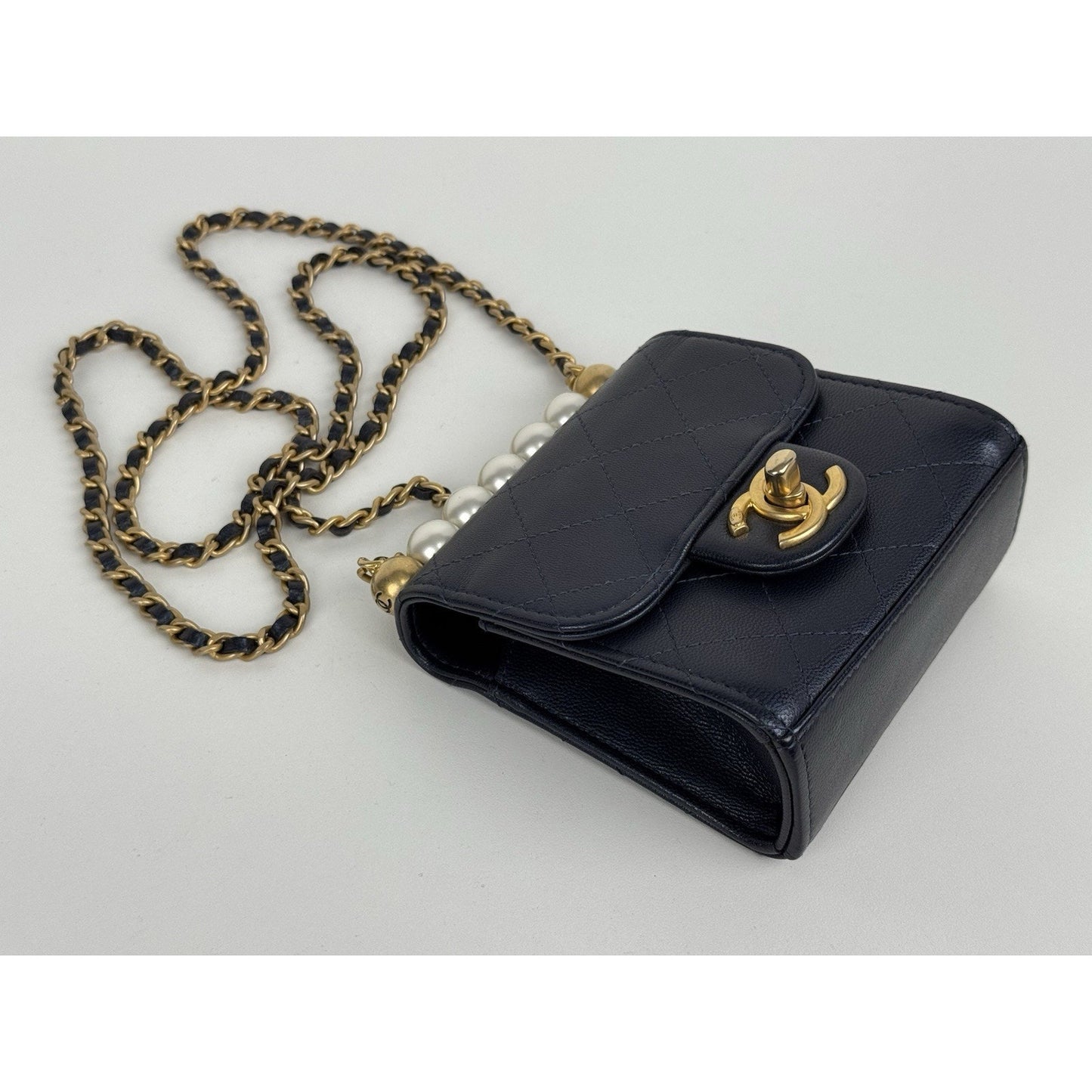 Chanel Mini Flap Navy Blue Metallic Lambskin with Pearl Hardware (2019) D-6