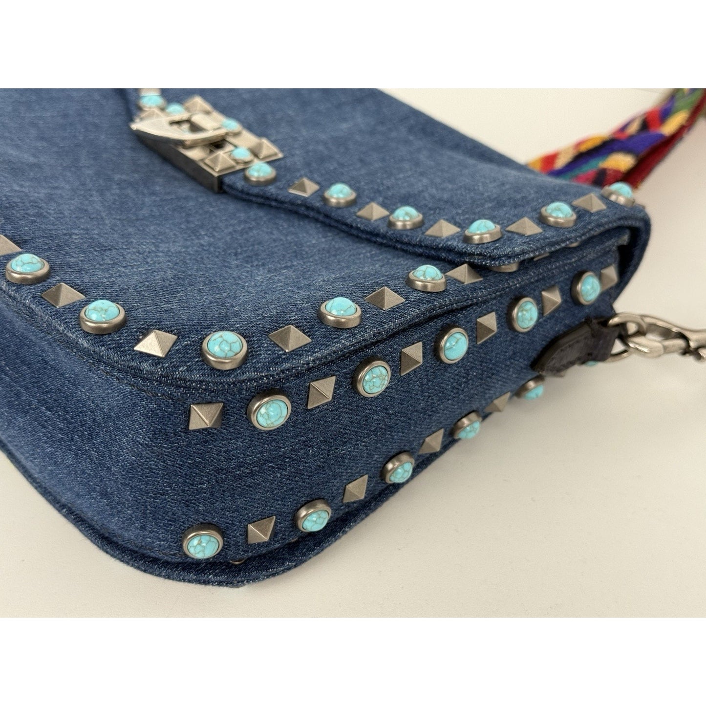 Valentino Rolling Rockstud Denim and Leather Shoulder Bag with Multicolor Strap