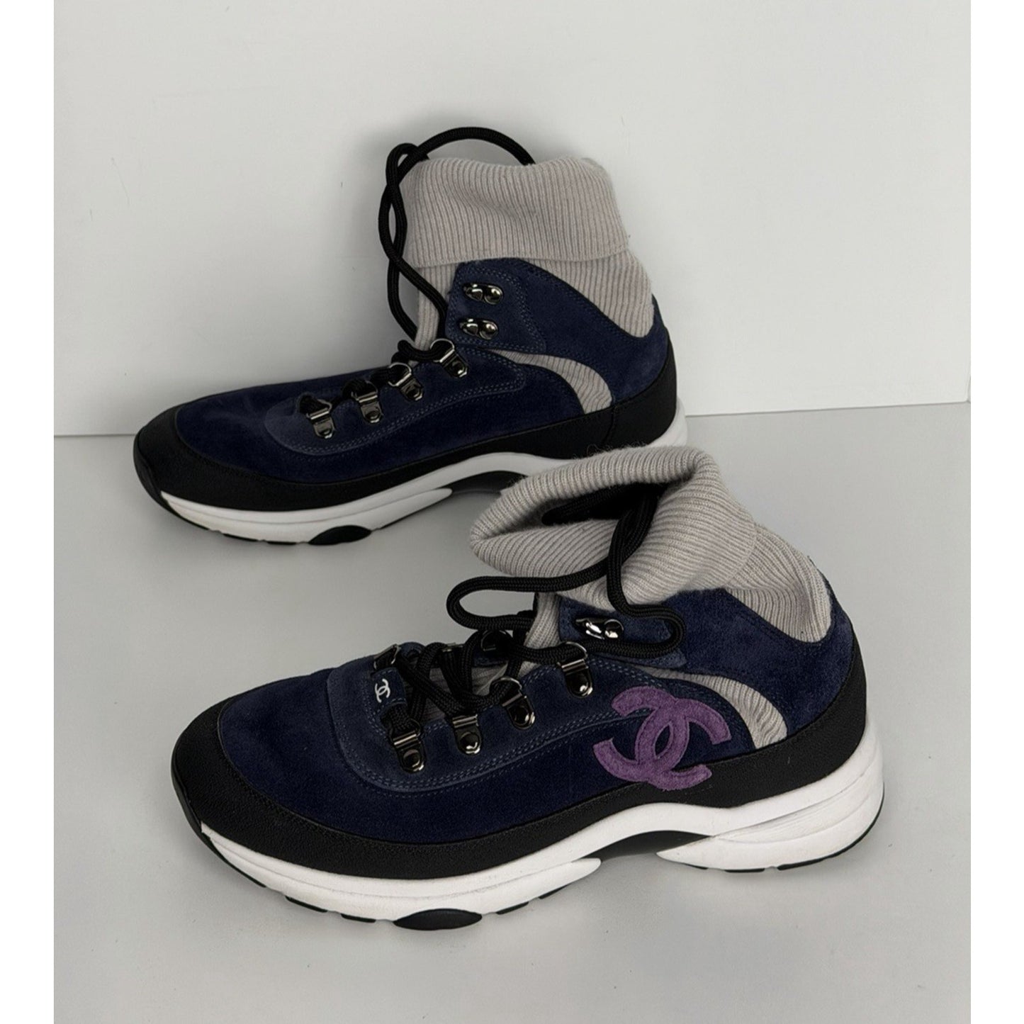 Chanel Suede Calfskin Knit Sock CC Sneakers in Blue and Grey 38EU (7.5-8US)