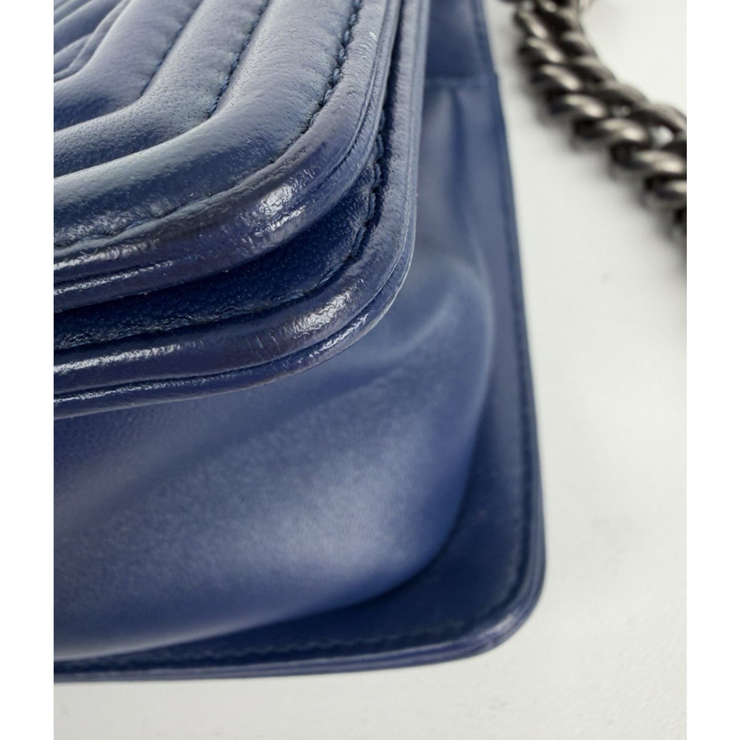 CHANEL Boy Flap Medium Shoulder Bag Lambskin Chevron Navy Blue 2014-2015 B4