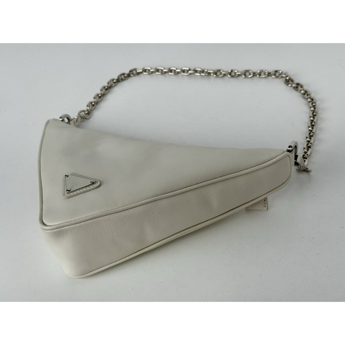 Prada Triangle Logo Shoulder Bag Ivory Leather Silver Hardware