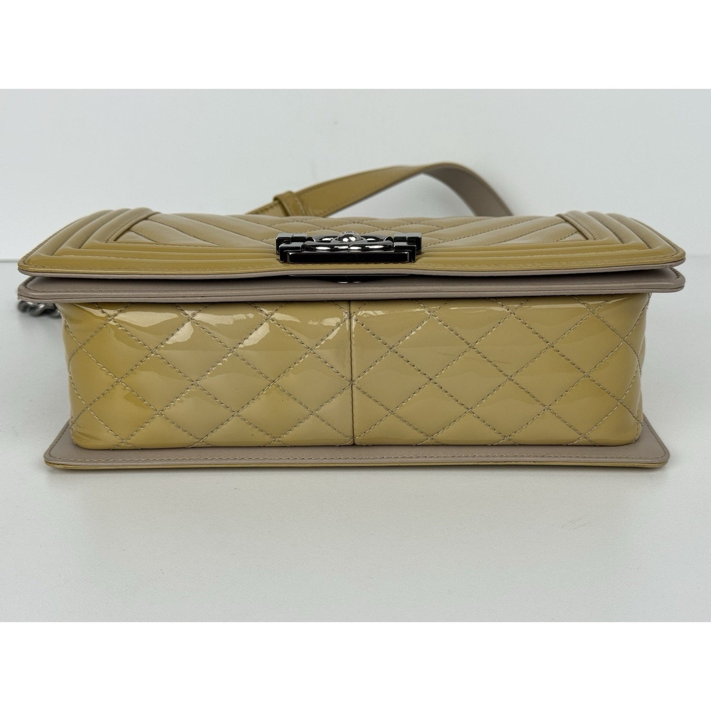 Chanel Boy Medium Chevron & Quilted Mustard Patent Leather Shoulder Bag