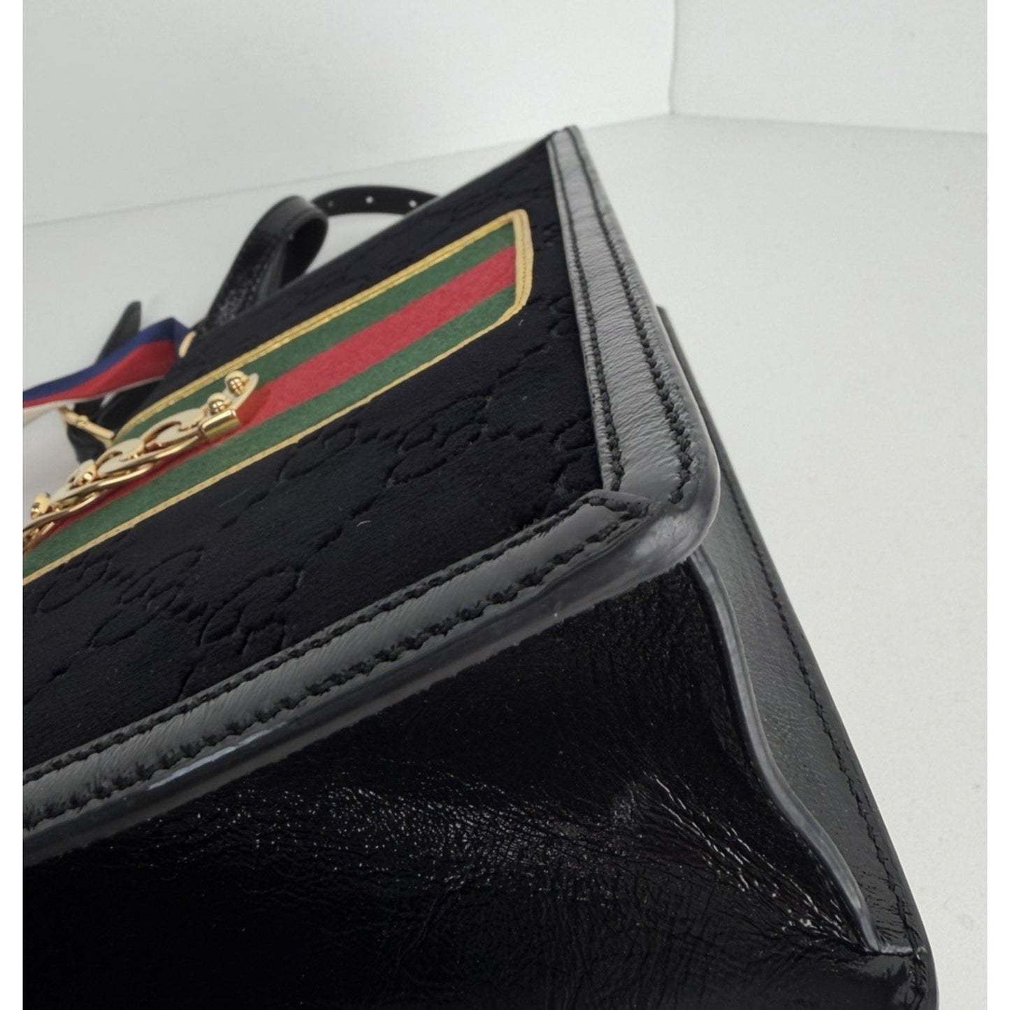 Gucci Sylvie Small Crossbody Bag in Black GG Velvet with Web S08
