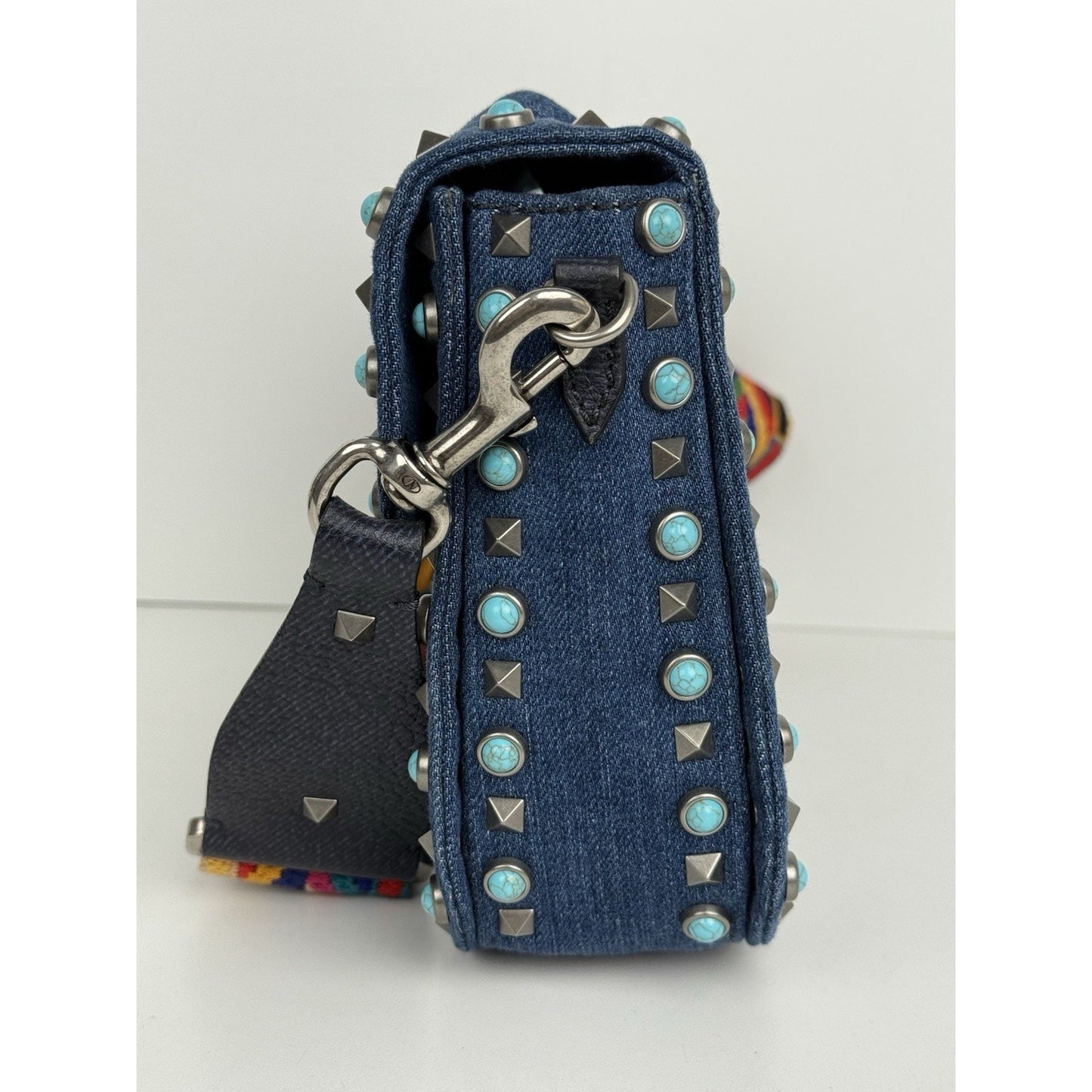Valentino Rolling Rockstud Denim and Leather Shoulder Bag with Multicolor Strap