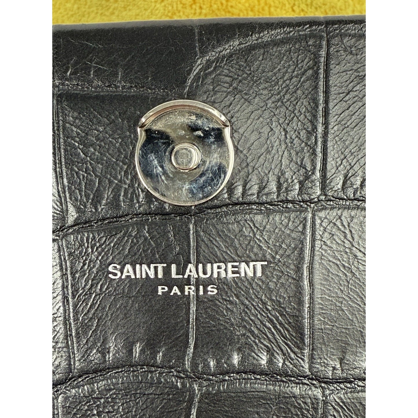 SAINT LAURENT Calfskin Crocodile Embossed Medium Kate Tassel Crossbody Black