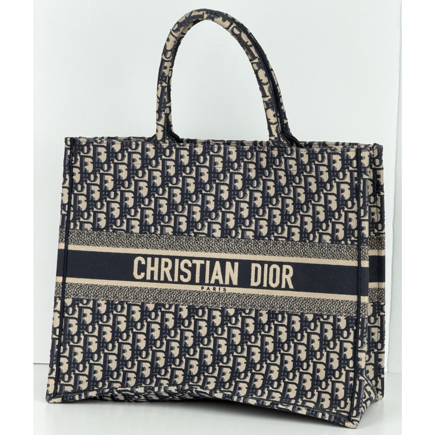 Christian Dior Oblique Book Tote Large Bag in Blue Beige Embroidered Canvas B9