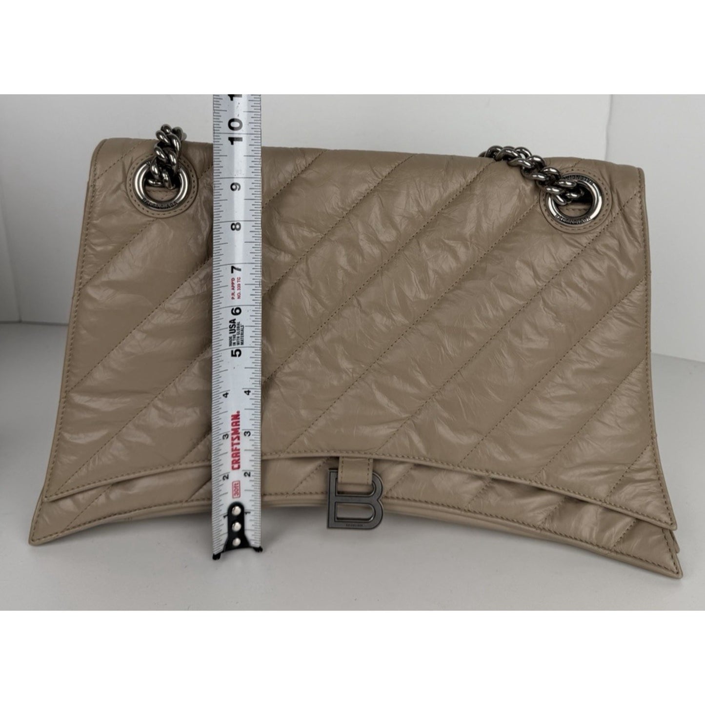 Balenciaga Large Crush Quilted Leather Chain Shoulder Bag Taupe E6