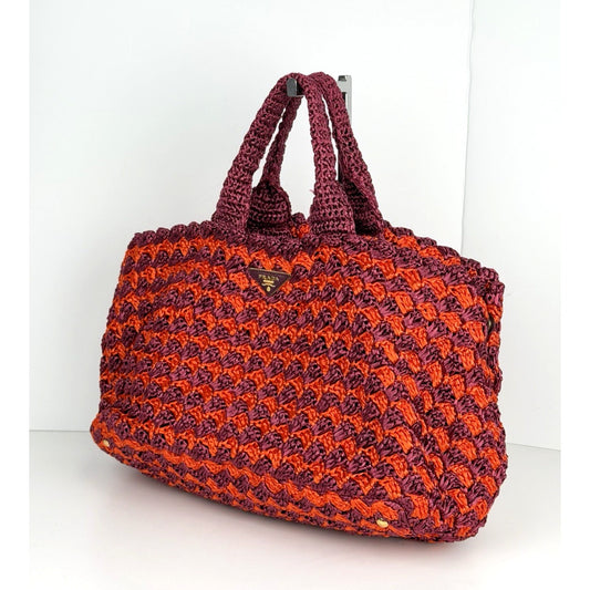 Prada Raffia Crochet Tote Bag in Striped Vibrant Orange & Rich Purple S