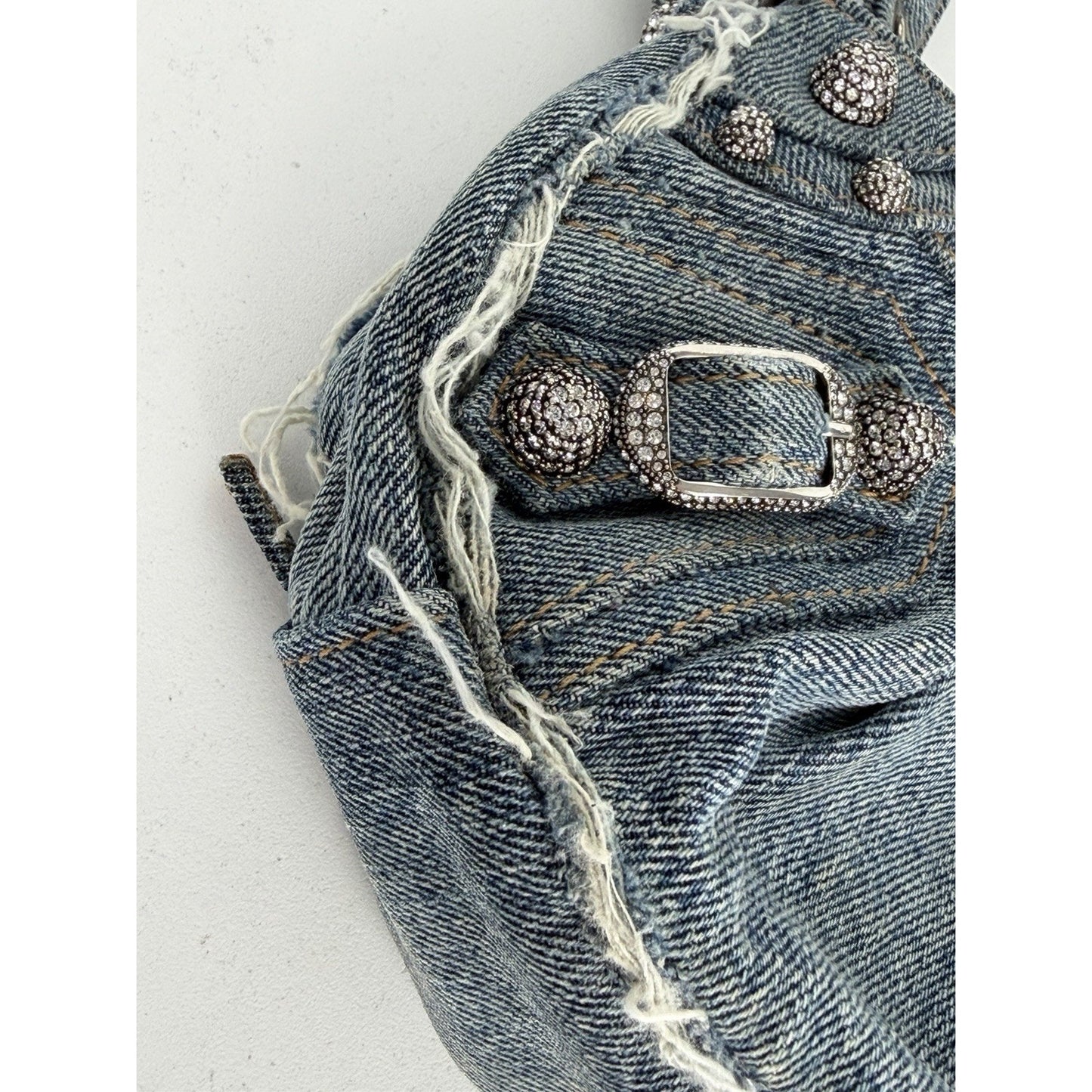Balenciaga Le Cagole Bag XS in Blue Distressed Denim with Crystal Hardware S-01