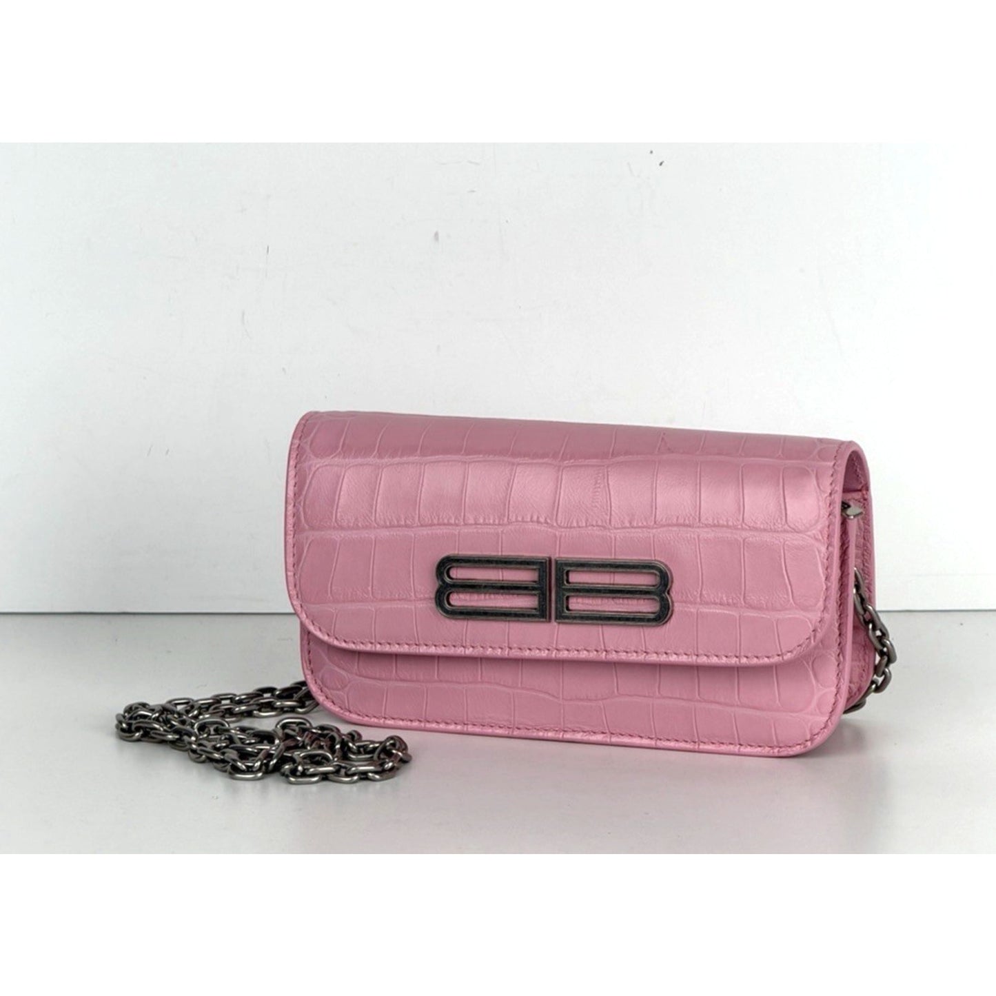 Balenciaga Gossip Wallet on Chain Bag Pink Crocodile Calfskin Silver HW S01