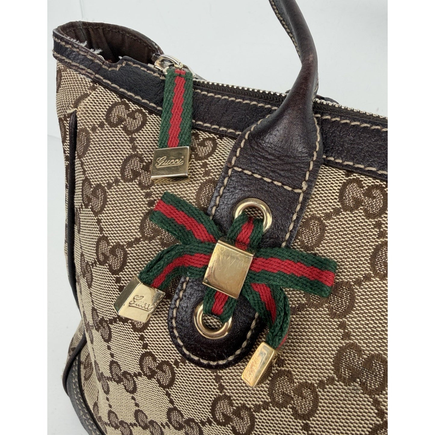 Gucci Medium Princy Tote Bag in GG Monogram Brown Canvas with Web Ribbon S18