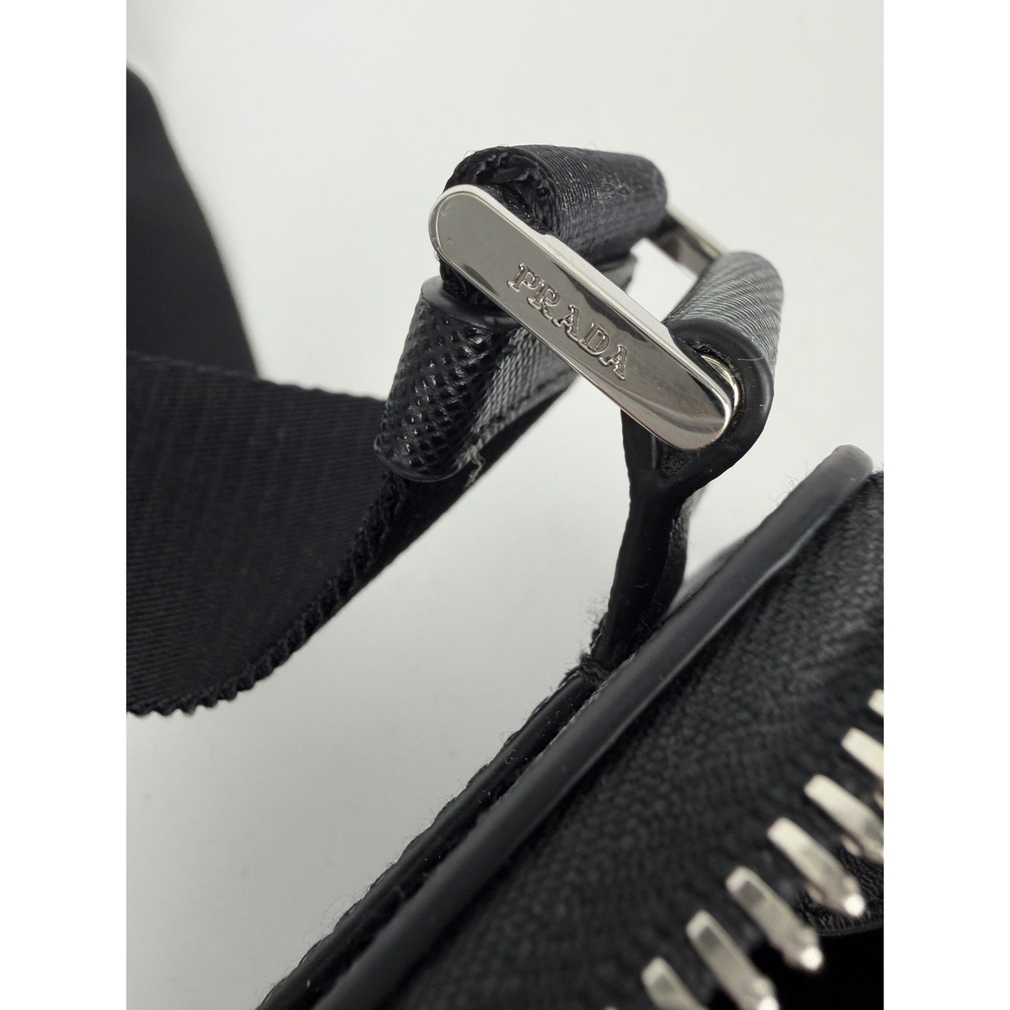 Prada Enameled Metal Triangle Logo Belt Bag in Black Saffiano Leather B-5