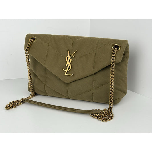 SAINT LAURENT Small Puffer Wool Chevron Quilt Shoulder Bag in Olive Green
