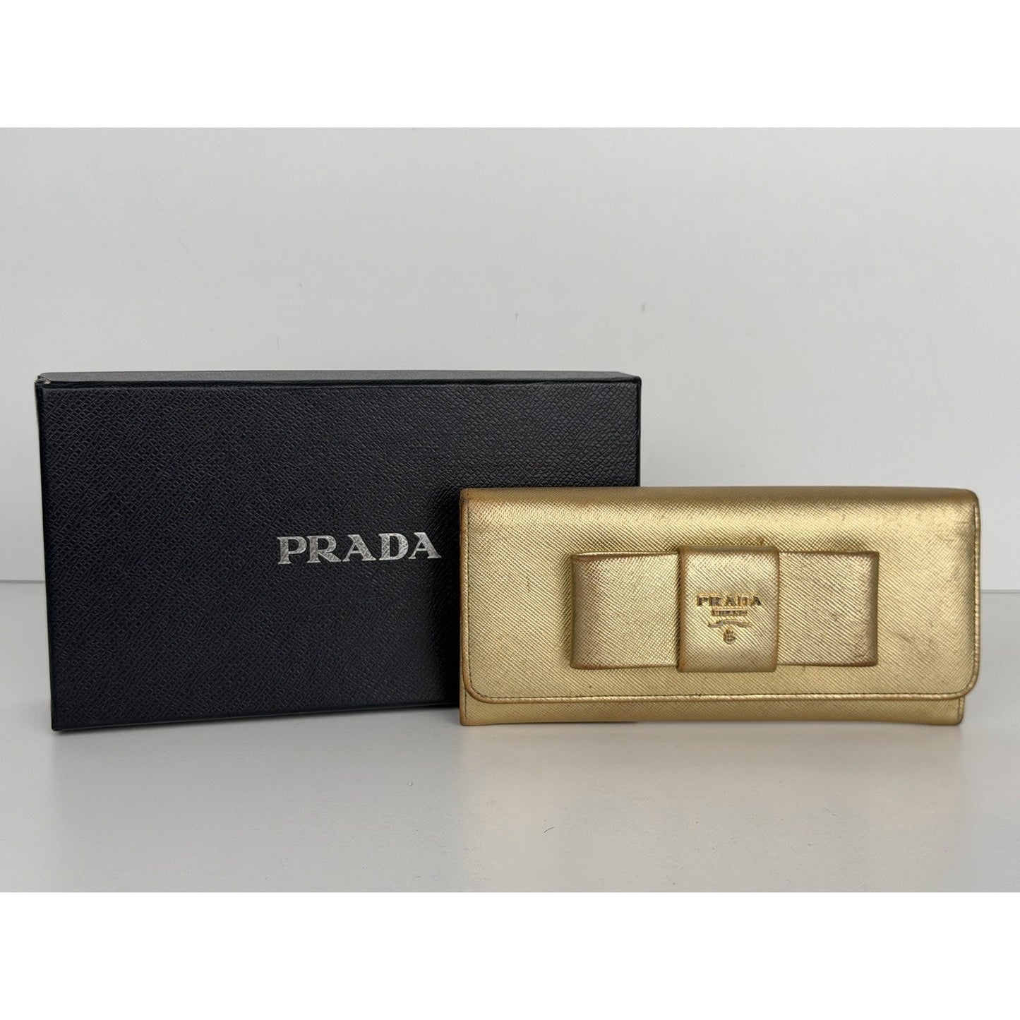 Prada Saffiano Bow Continental Wallet in Crosshatch-Textured Calf Leather