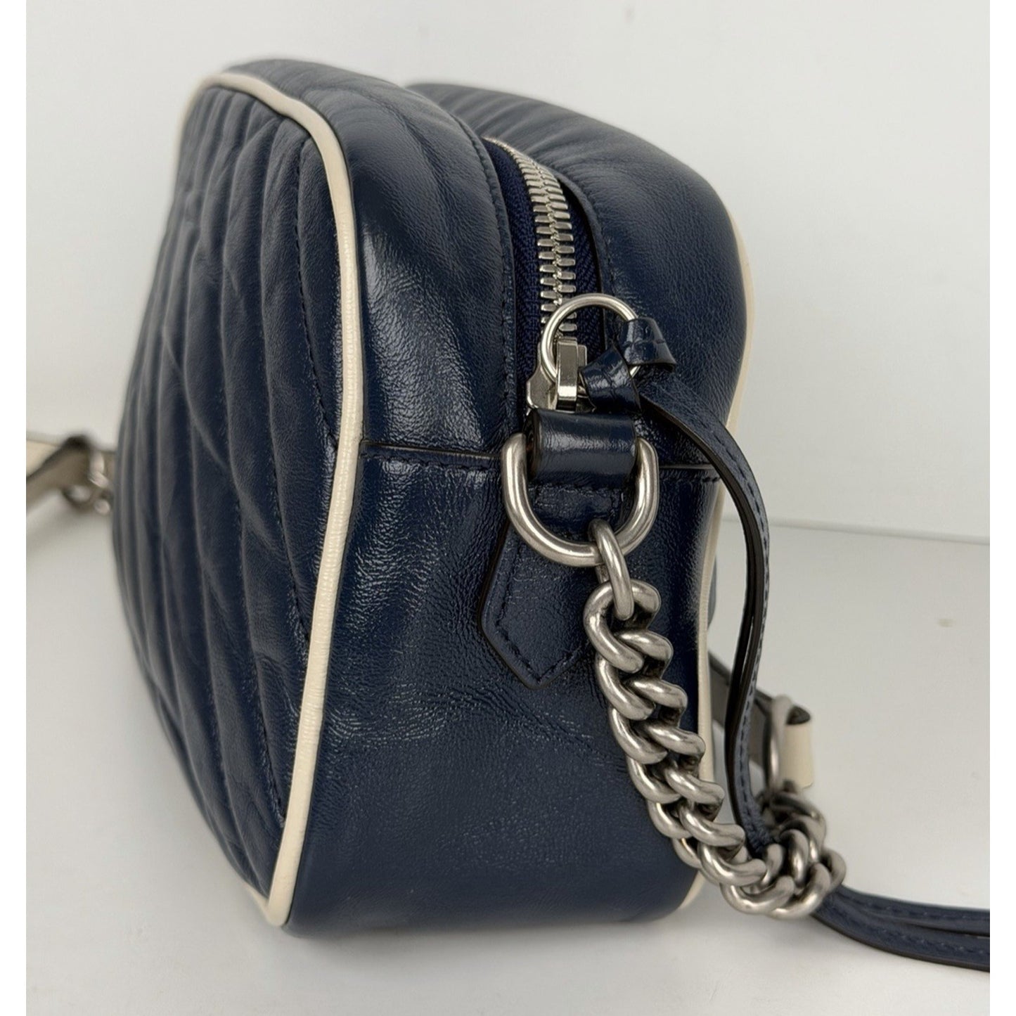 Gucci GG Marmont Small Shoulder Bag Diagonal Dark Blue Quilted Leather S17