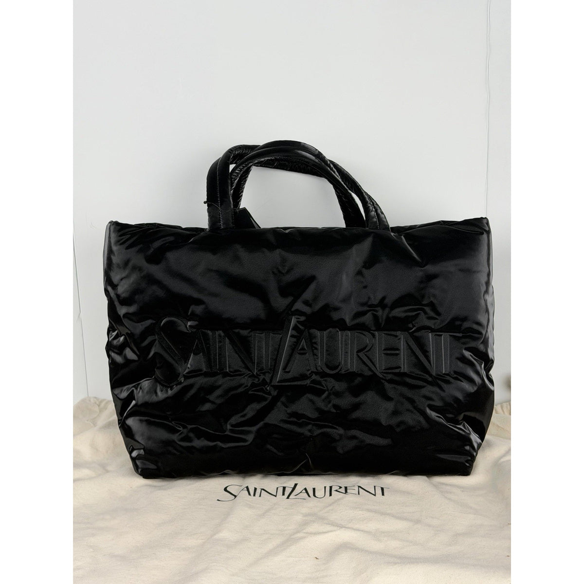Saint Laurent Padded Tote Bag in Black Shiny Puffy Nylon with Embossed Logo C-6