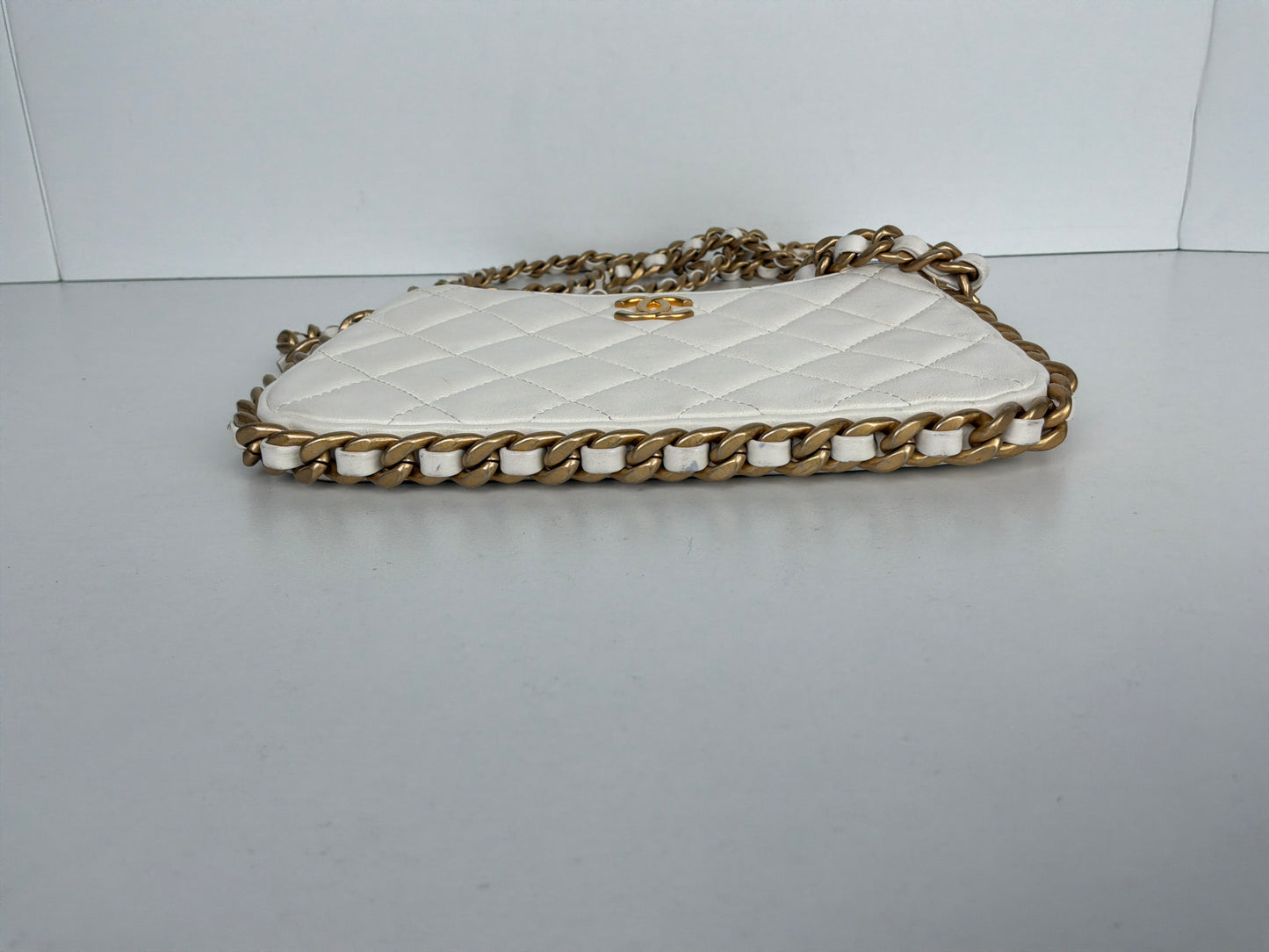 Chanel Lambskin Quilted Chain Around Top Handle Mini Bag White D4