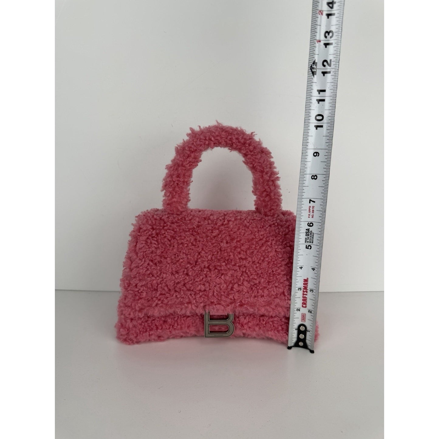 Balenciaga Hourglass Top Handle Bag Small in Pink Fuzzy Faux Fur S-01