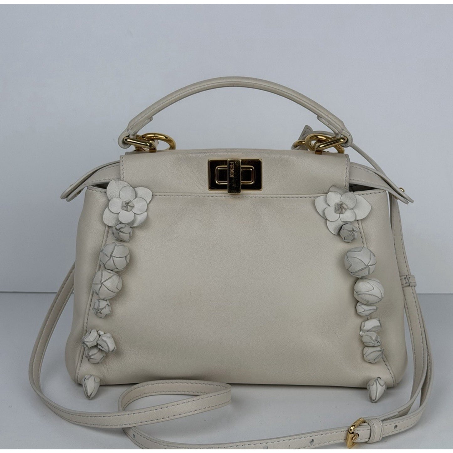 Fendi Nappa Rosebud Mini Peekaboo Iconic Satchel in White Lambskin Leather S09