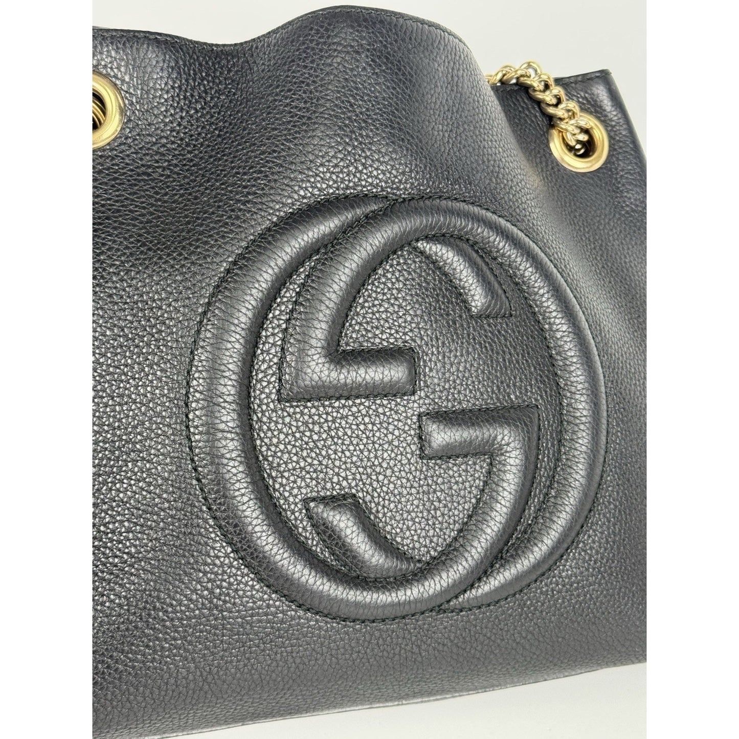Gucci Soho Black Pebbled Leather Chain Tote Bag C-7