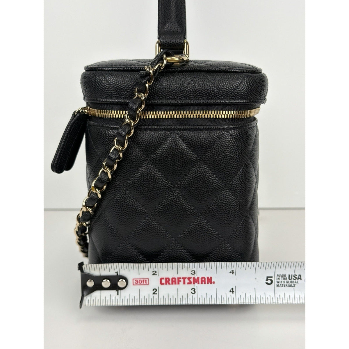 Chanel Vanity Case Top Handle Crossbody Bag Black Quilted Caviar Leather NFC F3
