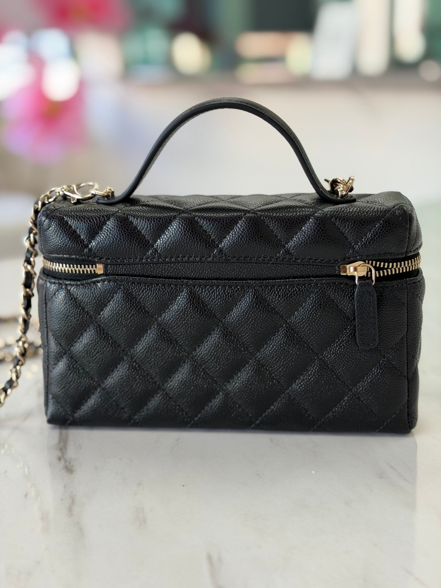 Chanel Caviar Quilted Top Handle Slim Vanity Case with Chain