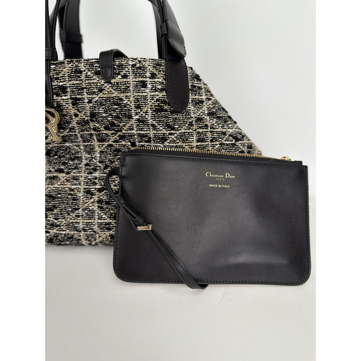 Dior Toujours Top Handle Bag Medium in Black White & Gold Cannage Tweed 2024 F-3