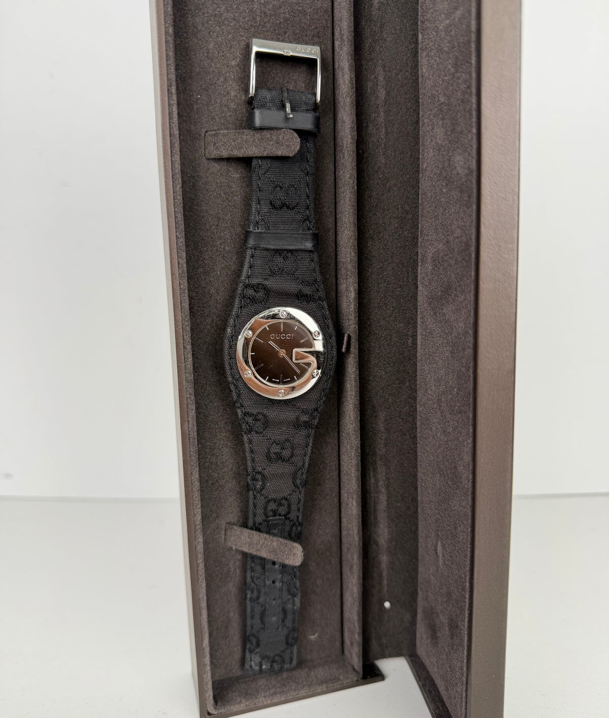 Gucci G-Bandeau Watch (Series 104) in Black Monogram Canvas Strap Stainless Steel K3