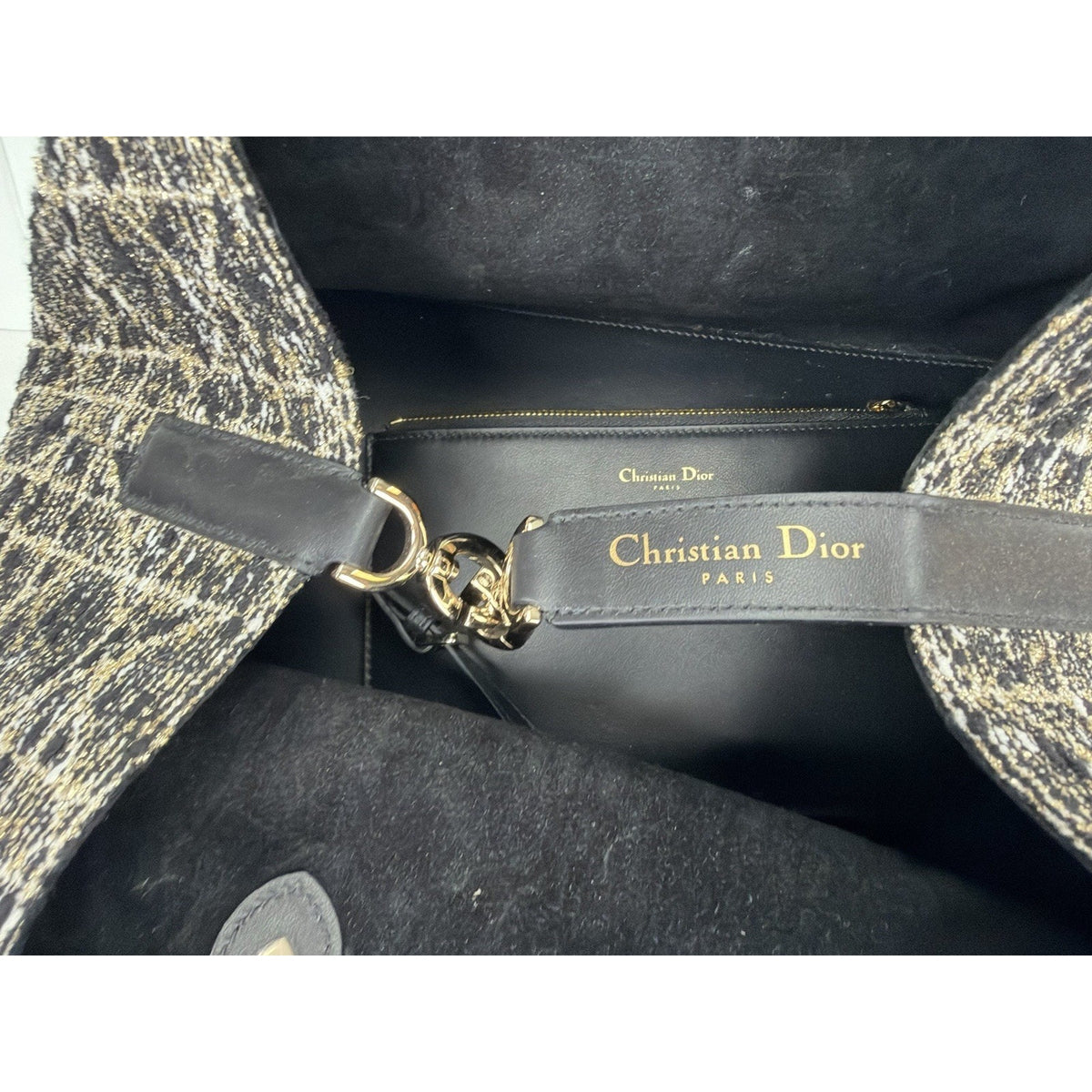Dior Toujours Top Handle Bag Medium in Black White & Gold Cannage Tweed 2024 F-3