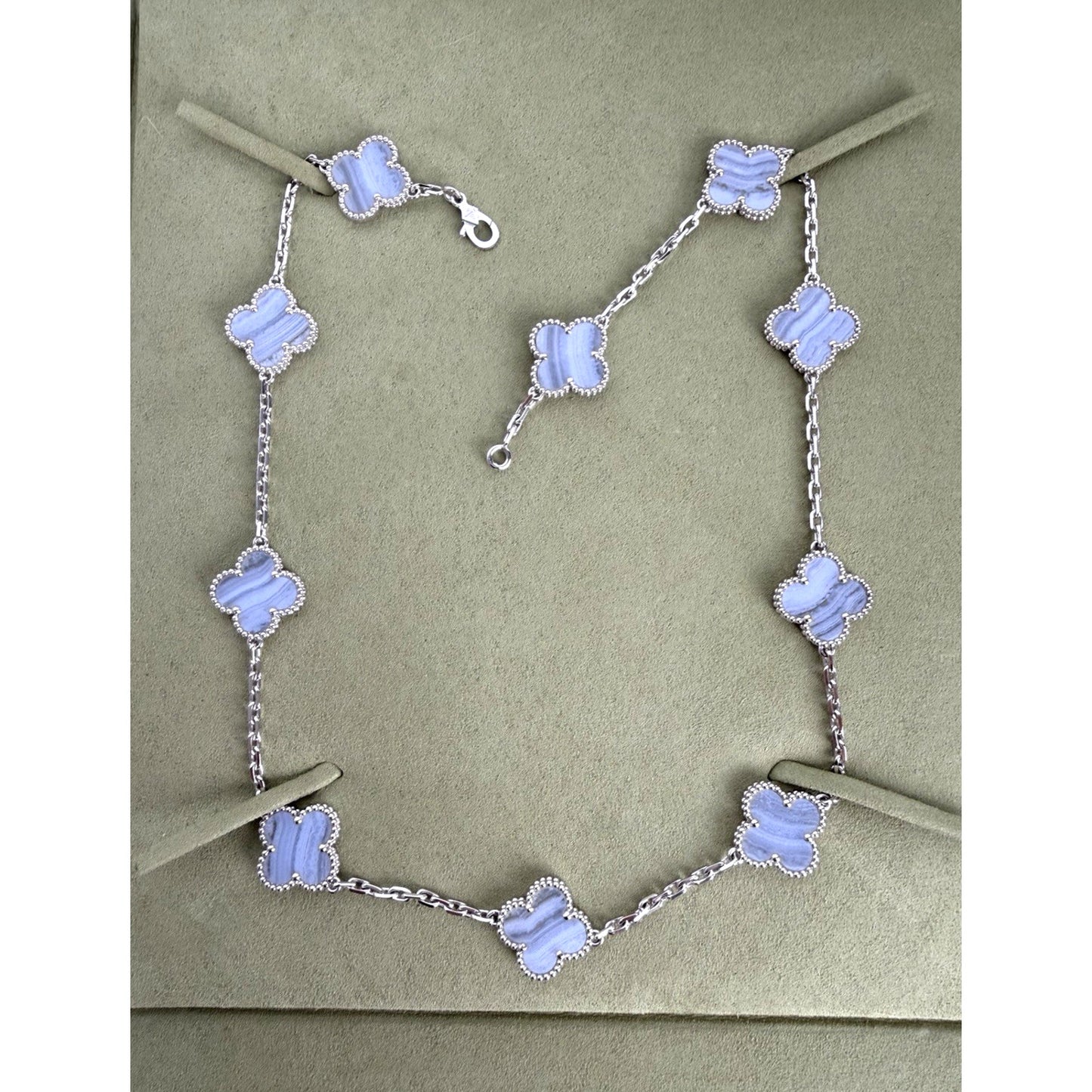 Van Cleef & Arpels Vintage Alhambra 10-Motif Necklace 18k White Gold Chalcedony