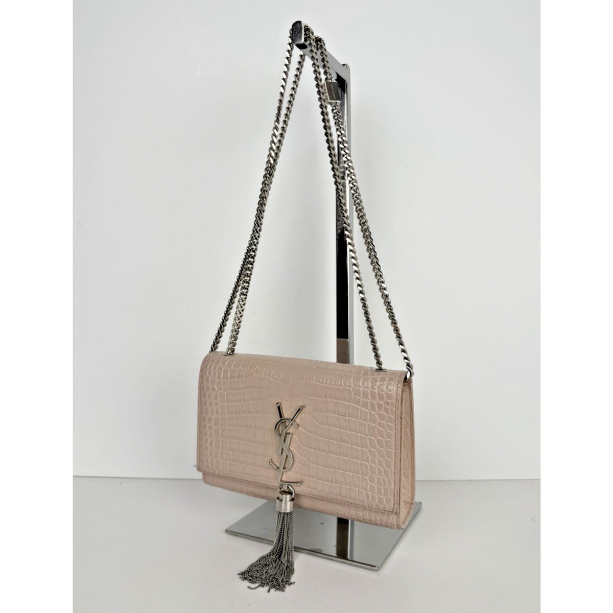 Saint Laurent Kate Monogram Tassel Bag Small Dusty Pink Croc-Embossed Leather S4