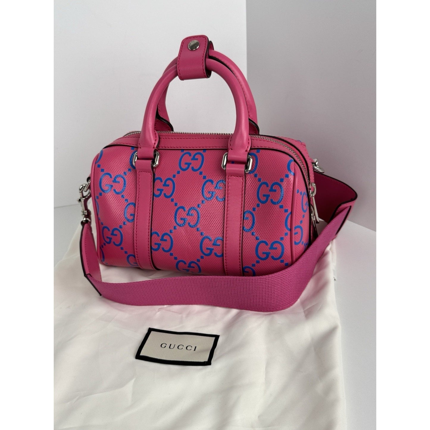 Gucci GG Tennis Perforated Leather Mini Duffle Bag Modern Pink and Blue C-1