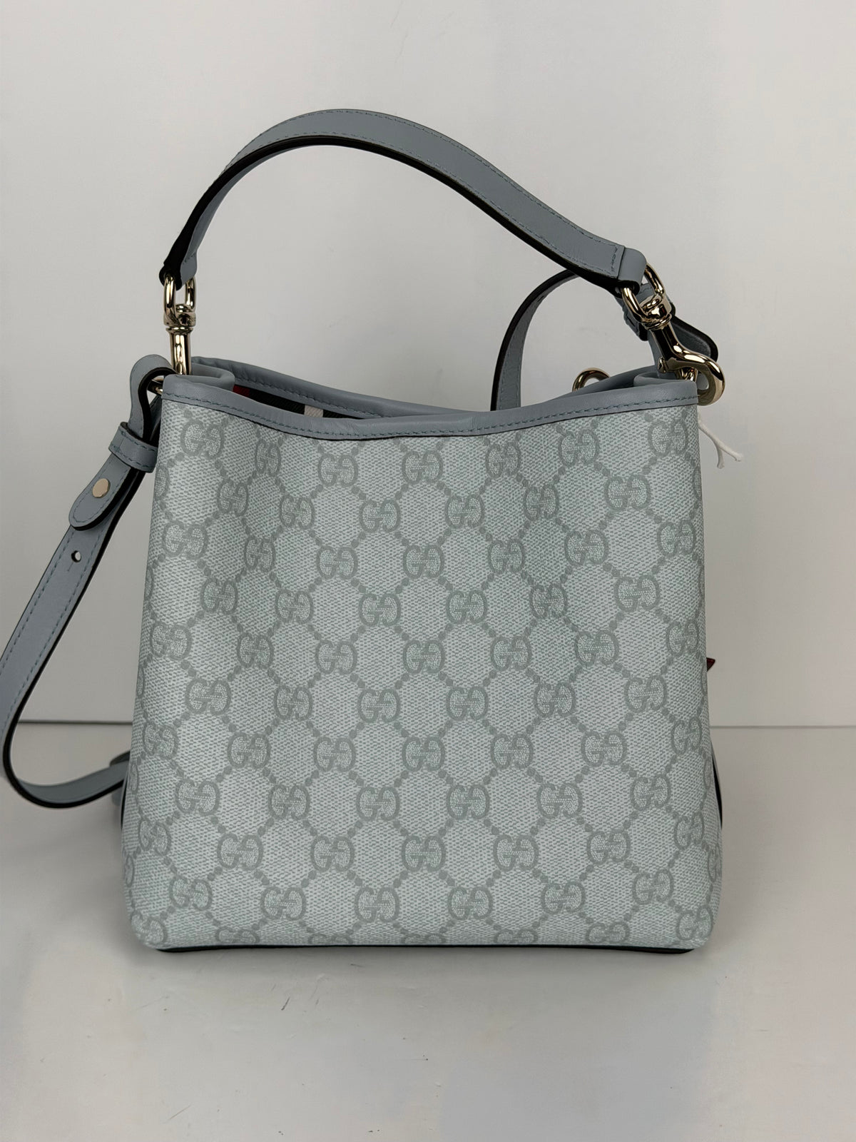 Gucci GG Emblem Small Bucket Bag in Light Blue GG Monogram Coated Canvas YC2