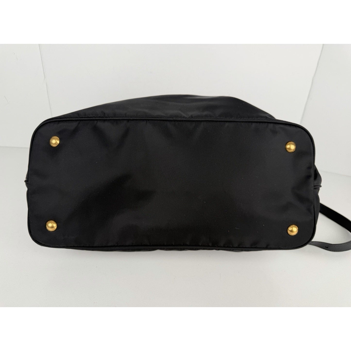 Prada Tessuto Tote Bag in Black Nylon with Gold Hardware Buckle Accents S