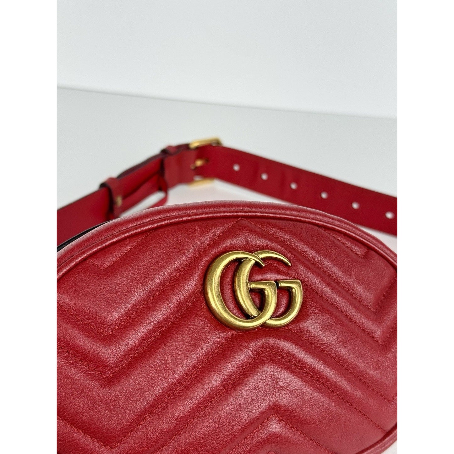 Gucci GG Marmont Red Matelasse Leather Belt Bag (85/34 476434-493075) B-2